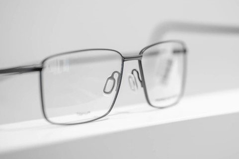 Close-up of a simple, modern metal eyeglass frame, optician, Pforzheim