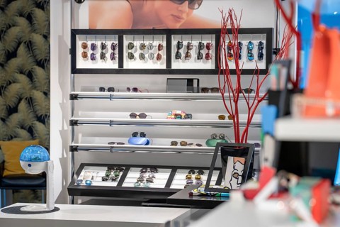 Modern optician shop with sunglasses and decorative elements, optician, Pforzheim