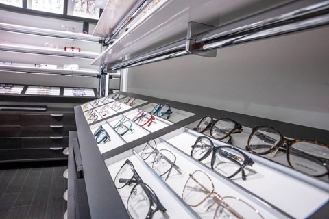 Showcase in an eyewear store with various models of glasses, optician, Pforzheim