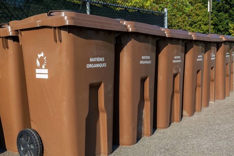 Rows of brown plastic heavy duty portable composting bins for depositing organic materials and