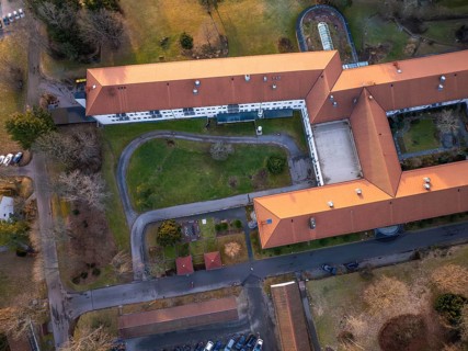 Building complex with red roof and green spaces, visible from aerial view, Rehab Clinic, Schömberg,