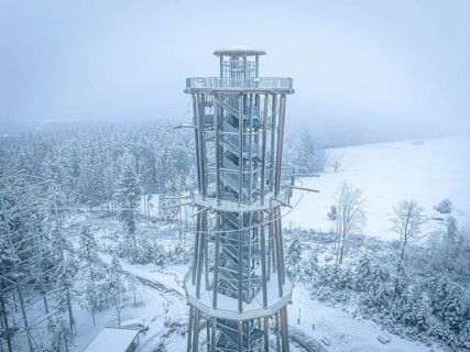 An observation tower in winter fog over a snowy environment, Himmelsglück observation tower with