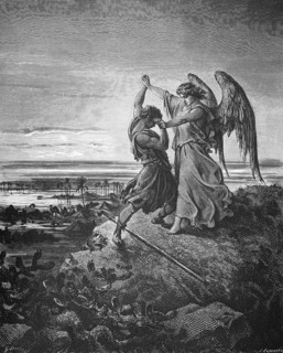 First book of Moses, chapter 32, verse 24, Jacob's battle with the angel until dawn, Bible, Old