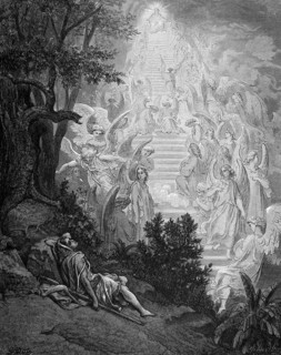 First book of Moses, chapter 28, verse 12, Jacob's dream of a ladder from earth to heaven, angels