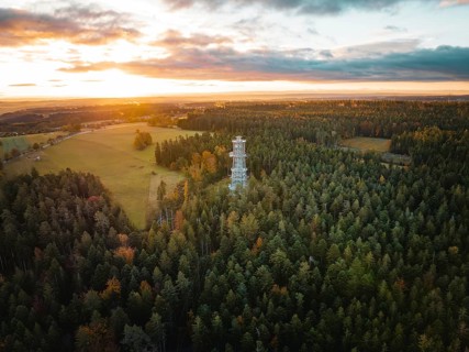 Tower surrounded by endless forests and rolling hills, Himmelsglück observation tower with Flying