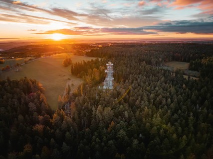 Extensive view of forest and landscape at sunset, Himmelsglück observation tower with Flying Fox,