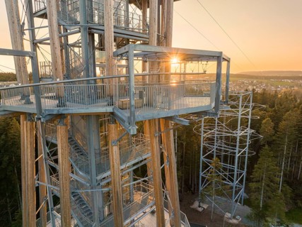 A wooden observation tower with metal structures at sunset, framed by a green forest, observation