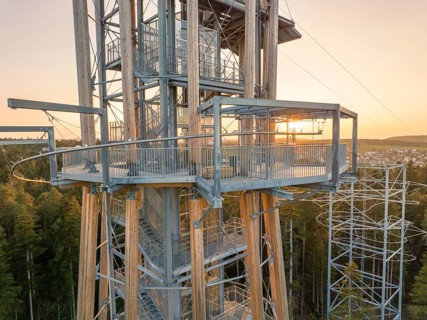 Close-up of observation tower platforms at sunset, Himmelsglück observation tower with Flying Fox,