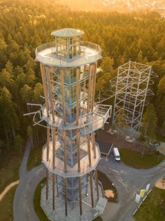 Bird's-eye view of the observation tower and surrounding nature in sunshine, Himmelsglück
