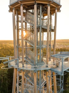 Detailed view of a metallic observation tower in the forest at sunset, Himmelsglück observation