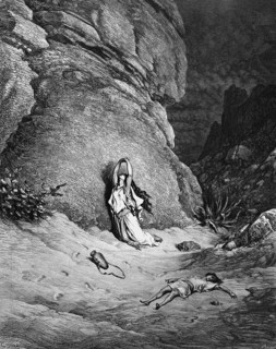 First book of Moses, chapter 21, verse 15, Hagar and Ishmael in the desert, when the water hose was