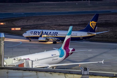 Ryanair Boeing 737-800 after landing at Cologne/Bonn airport, on the taxiway to the terminal,