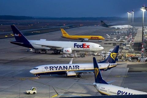 Air freight center, FedEx Boeing 777-FS2, DHL aircraft, UPS Boeing 747, jumbo jet, cargo aircraft,