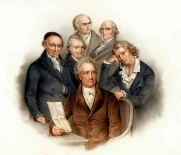 Portraits of six German poets: Johann Wolfgang von Goethe, Friedrich Schiller, Christoph Martin