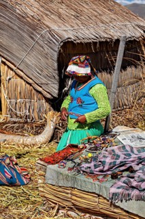 Woman in colorful traditional clothing in front of a reed hut with handmade objects, The floating