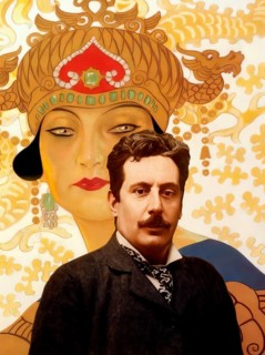 Portrait of Giacomo Puccini, digitally edited according to a photograph, promotional poster for