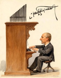Anton Bruckner playing organ, Silhouette print by Hans Schließmann, digitally edited