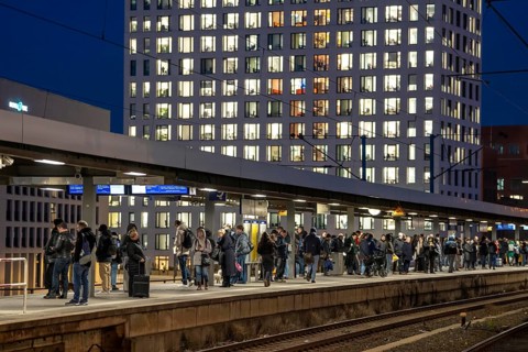 Passengers on the platform, Cologne-Messe/Deutz station, 2nd largest train station in Cologne,