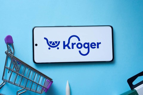 Dhaka, Bangladesh- 03 July 2025: Smartphone displaying Kroger logo with shopping cart on a blue