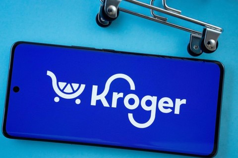 Dhaka, Bangladesh- 03 July 2025: Smartphone screen showing the Kroger logo with shopping cart