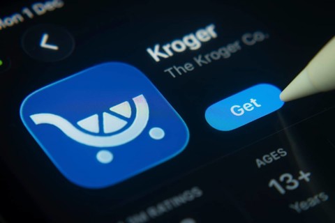 Dhaka, Bangladesh- 01 Dec 2025: A close-up of the Kroger app icon in the App Store on an iPad