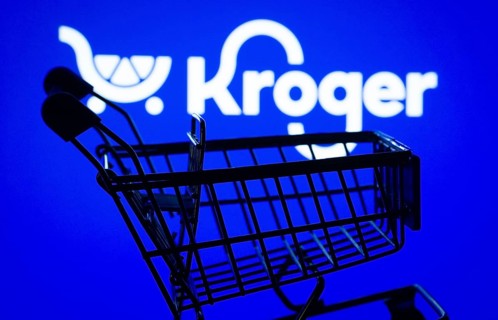 Dhaka, Bangladesh- 03 July 2025: Silhouette of a shopping cart in front of the Kroger logo,