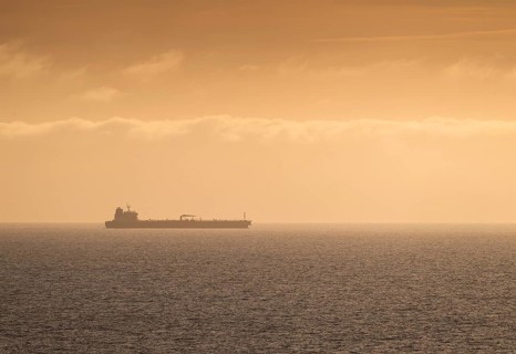 Silhouette, cargo ship, evening light, Baltic Sea