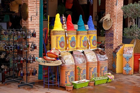 Sales stand selling spices and herbs at a market in Marrakech, historic old town, Medina, UNESCO
