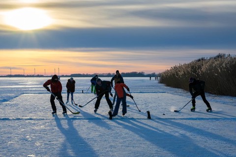 Skating, ice hockey men playing on the frozen Dümmer See, Winter at Dümmer, Eickhöpen, Lembruch,