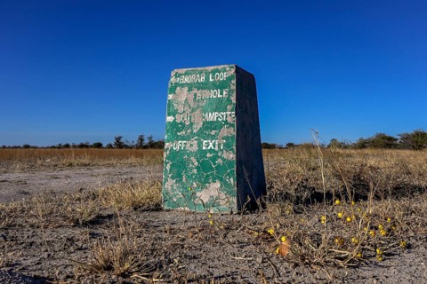 Road sign, Nxai-Pan National Park, near Gweta, Central District, Botswana