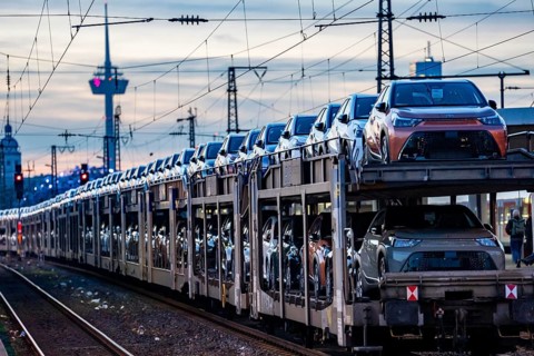 Car train, transport of Toyota small cars with a freight train from BLG Logistics, a logistics