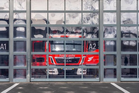 Fire department, fire station, modern guard, silver façade, glass gates, emergency vehicle, fire