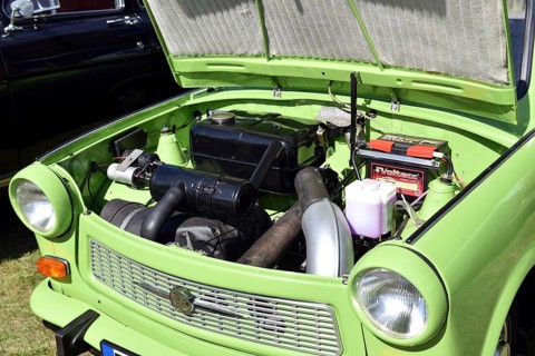 Motor, car engine of the Trabant 601 at Oldtimer Ausstellung, Prerow, Mecklenburg-Vorpommern