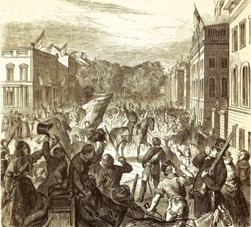 The king speaks to Berlin professors and students on Schlossplatz, March 1848, king on horseback,