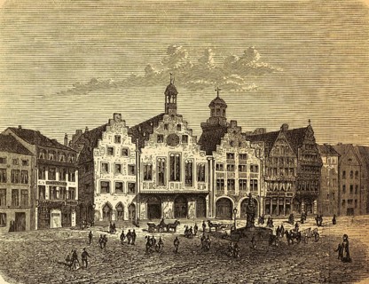 The Roman in Frankfurt am Main, central square, city center, people, fountains, gabled houses,