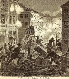 Barricade fight at the town hall, Berlin uprising on March 18, 1848, street, protest, fighting,