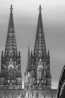 Evening atmosphere, Cologne Cathedral illuminated with LED lamps and the Hohenzollern Bridge,