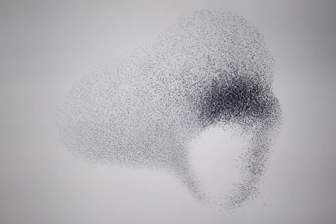 Starling (Sturnus vulgaris), huge flock forms an impressive pattern in the sky in the formation