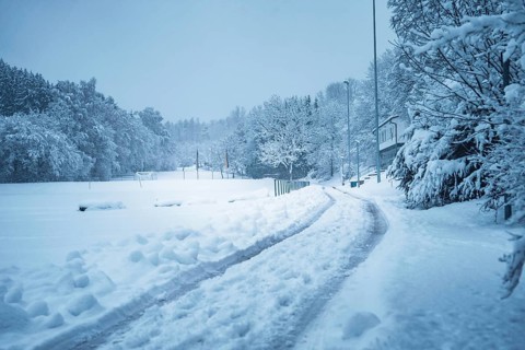 A snowy road leads through a wintry landscape with trees and houses, Besenfeld, Black Forest,