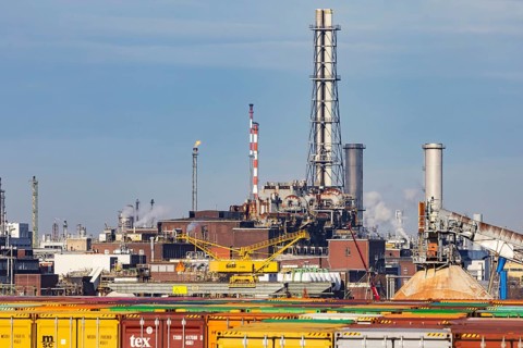 BASF factory site with chemical plants and chimneys. Baden aniline and soda factories. Chemical