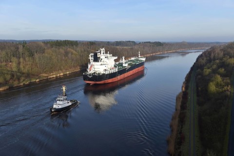 Tanker, oil tanker MIAMI LIGHT sails with a tug through the Kiel Canal, NOK, Kiel Canal, Kiel