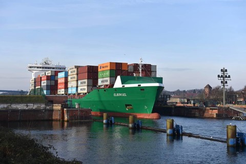 Container ship ELBINSEL leaves Kiel-Holtenau lock and sails to Kiel Fjord, Schleswig-Holstein,