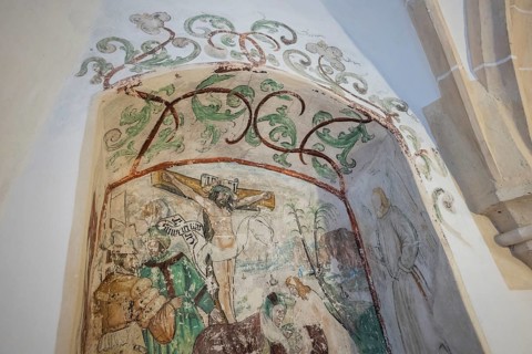 Christ on the Cross, fresco, Blaubeuren Abbey, Swabian Jura, Baden-Württemberg, Germany