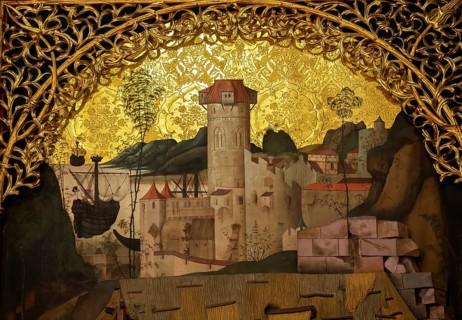 Medieval castle in front of fictional landscape with gold background, chancel with movable pair of