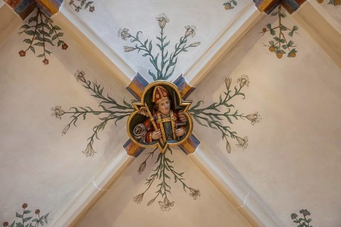 Bishop, flower frescoes, cross-ribbed vault, Blaubeuren Abbey, Swabian Jura, Baden-Württemberg,