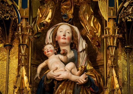 Mother of God on the crescent moon with baby Jesus, high altar, shrine and predella, chancel with