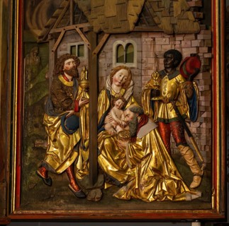 Birth of Jesus and the Adoration of the Three Wise Men from the East against a painted background