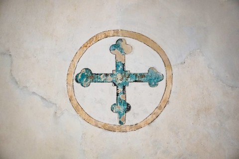 Blue Cross, fresco on whitewashed wall, Blaubeuren Abbey, Swabian Jura, Baden-Württemberg, Germany