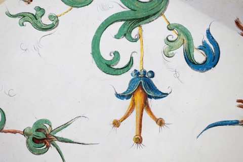 Detail, vaulted ceiling with plant frescoes, choir room, Blaubeuren Abbey, Swabian Jura,