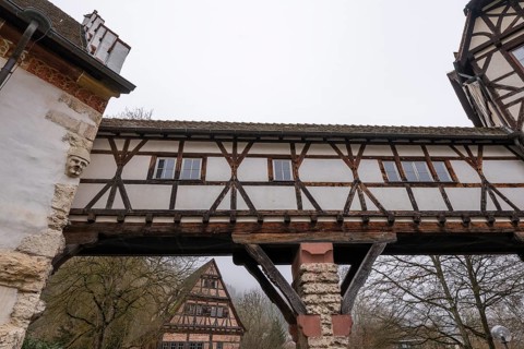 Fachwerk, Verbindungsgang, Protestant Seminary, Blaubeuren, Swabian Jura, Baden-Württemberg,